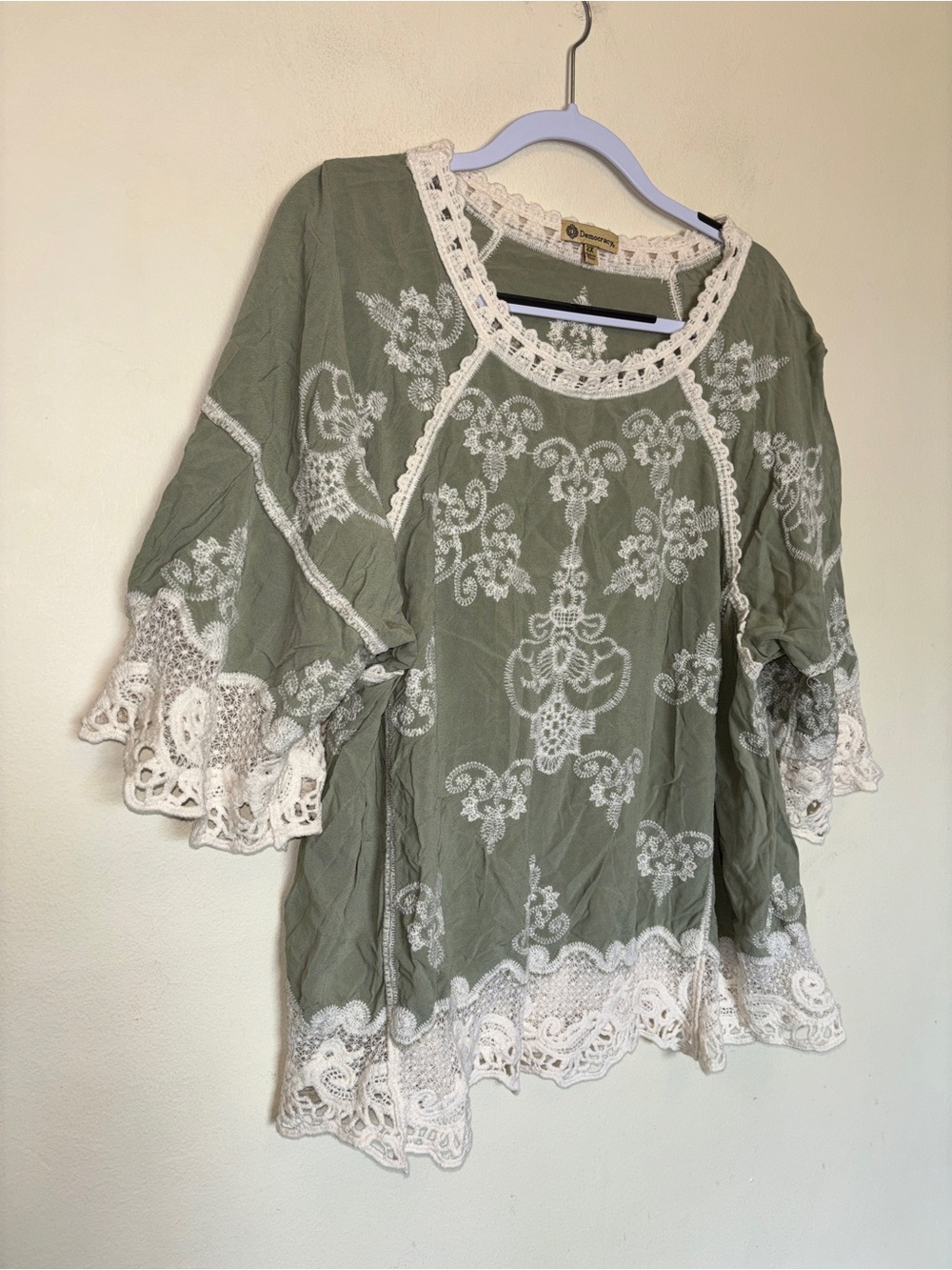 Democracy Boho Blouse 2X Lace Crochet Flowy Peasant Eyelet Cottage Embroidered - Picture 2 of 9